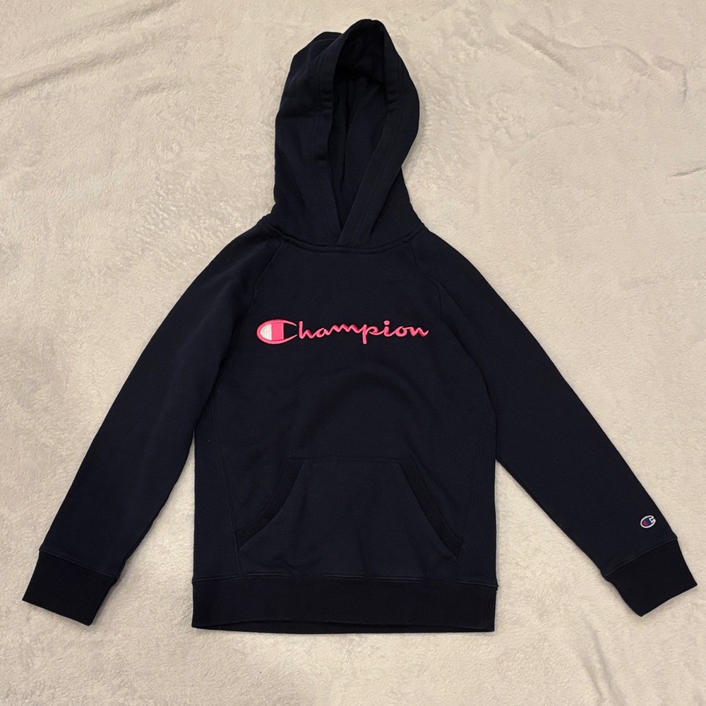 Champion Kids Navy Hoodie with Pink Logo